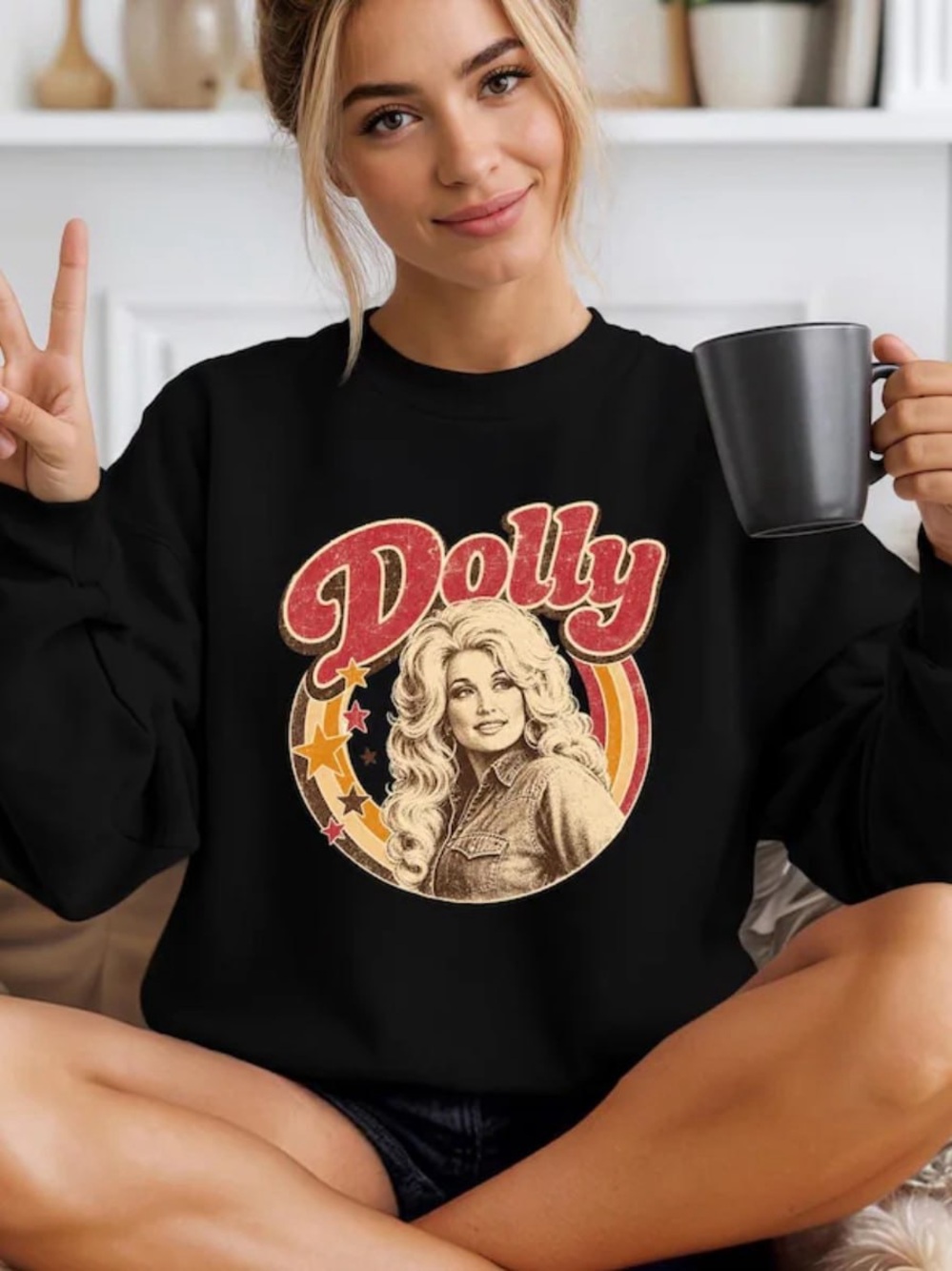 Black Dolly Parton Retro Graphic Crewneck Sweatshirt